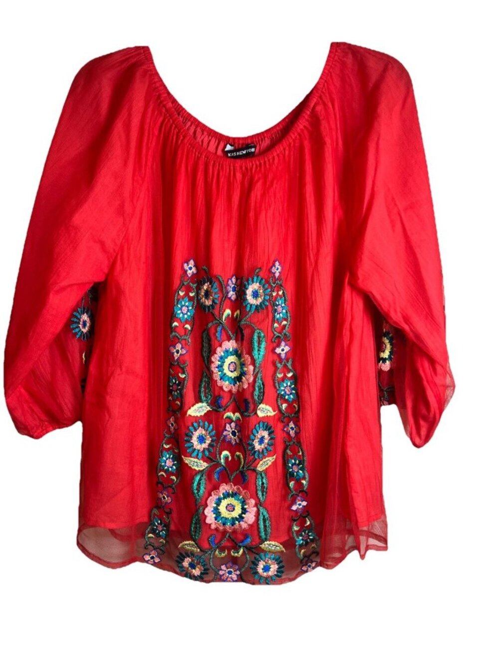 KAS NEW YORK Women's Size M Red Embroidered Floral Bohemian Style Top Blouse
